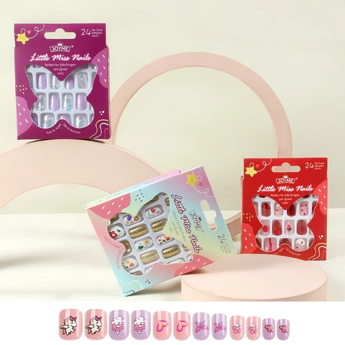 24 Uds. De uñas postizas bonitas para niños, uñas postizas preadhesivas con purpurina de dibujos animados, uñas seguras para niños, uñas coloridas para niñas
