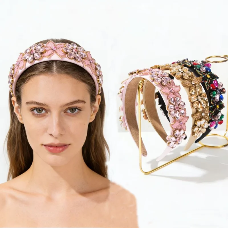 

Retro Baroque Bead Diamond Large Flower Headband Wedding Party Exquisite Hairband Hair Clip Versatile Wide Edge Hair Accessories