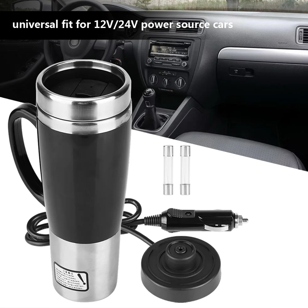 12/24V Heating Cup, 450ml Car Electric Stainless Steel Heating Cup Coffee Tea Drinking Cup Mug Black for Winter Travel