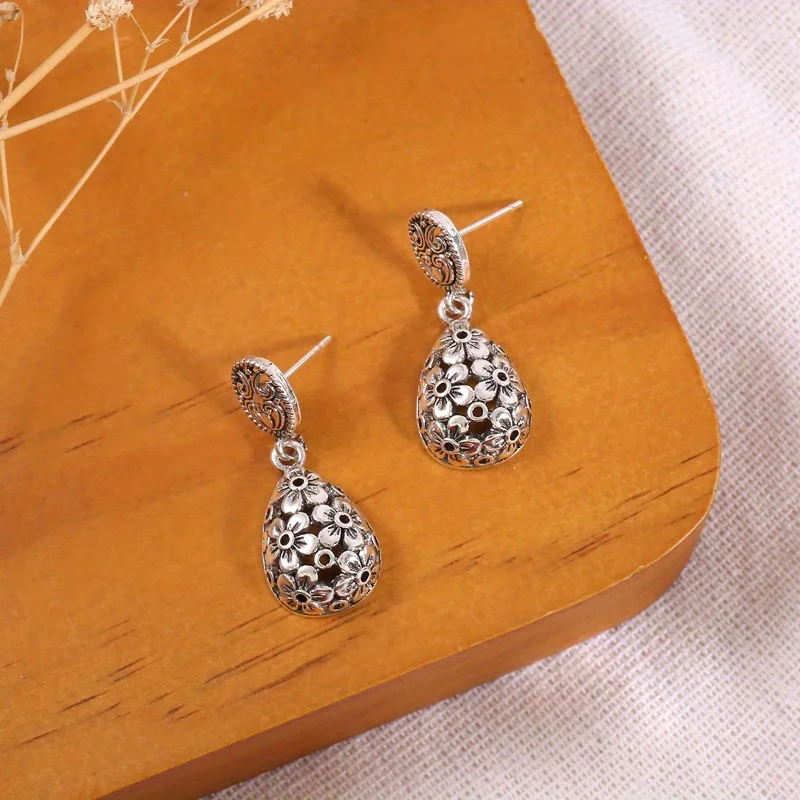925 Silver Plated Floral Pattern Drop Earrings Metalwork Romantic Flower Sphere Dangle Earrings For Women Girls Lover Valentine\'