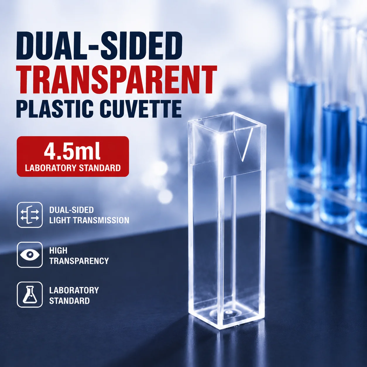 Einweg-Plastikküvetten 10mm PL 4,5ml 100 Stück 2 Ausführungen Hohe Lichtdurchlässigkeit Integralgeformte Labor-Spektrophotometer-Küvetten – Detail 1