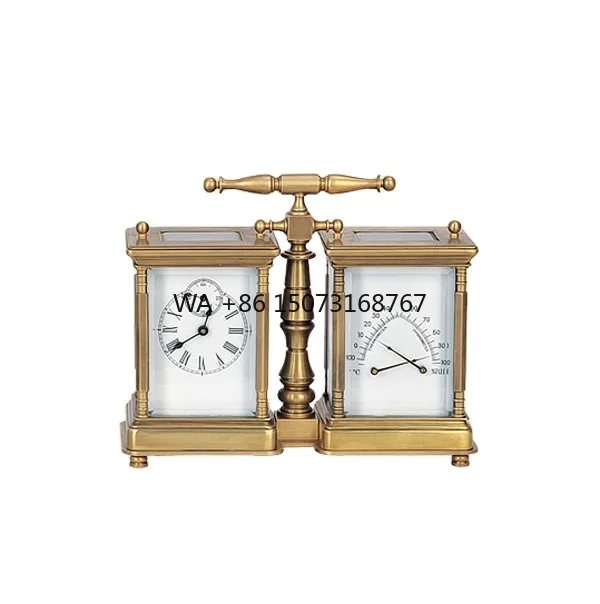 

French Style Mid Brass Cased Conjoined Twins 8 Day Repeater Mechanical Movement T Shaped Hygrometer Carriage Travel Clock/Watch