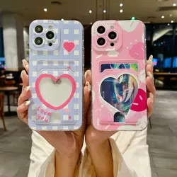 Checkered Heart Card Bag Phone Case For iPhone 16E 16 15 14 13 12 Mini 11 Pro XS Max X SE2 SE2022 16 15 Plus Soft Silicone Cover