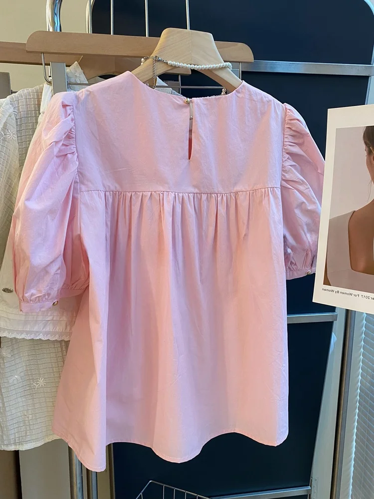 Sweet Pink Ruffle Sve irt Women's Loose Tummy Covering ort Doll Top round Ne Commute Sle Korean Version Bubble Sve