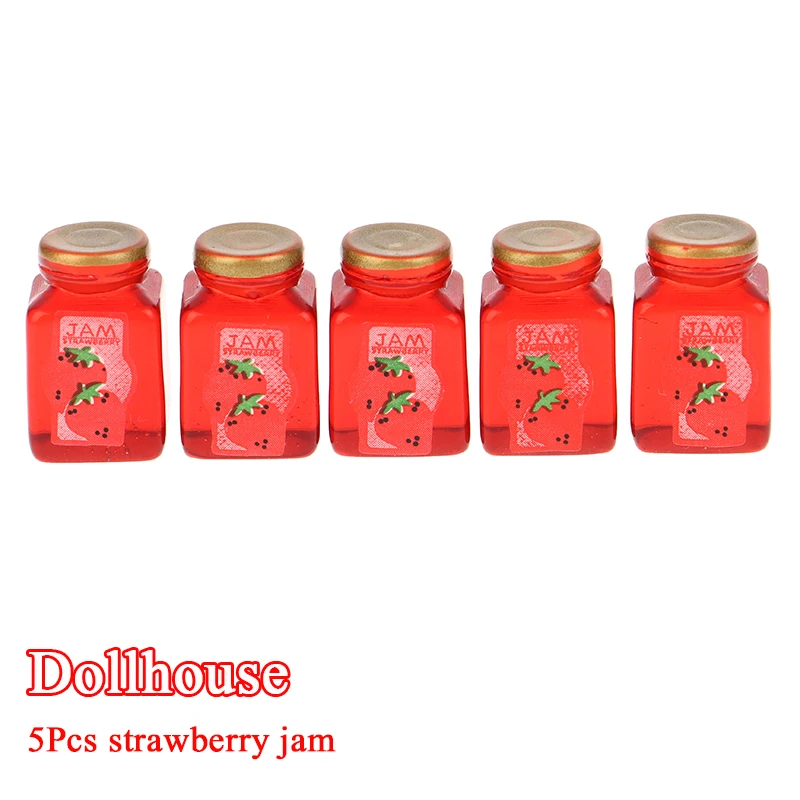5Pcs 1/12 Dollhouse Strawberry Sauce Jam Jar Dollhouse Miniature Kitchen Food Accessories Dolls House Decorations Toys