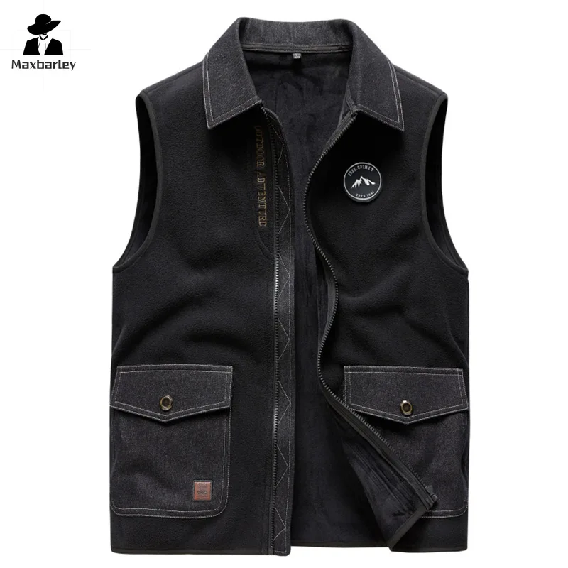 Autumn and Winter Vest Men's Retro Fashion Thick Fleece Cold-proof Windproof Sleeveless Jacket Casual Camping Men's Warm Vest