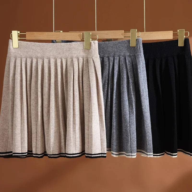 MEELEX Autunno Inverno Donna lavorata a maglia 100% lana merino Gonna a pieghe Casual Vita alta Color Block Minigonna corta a righe femminili