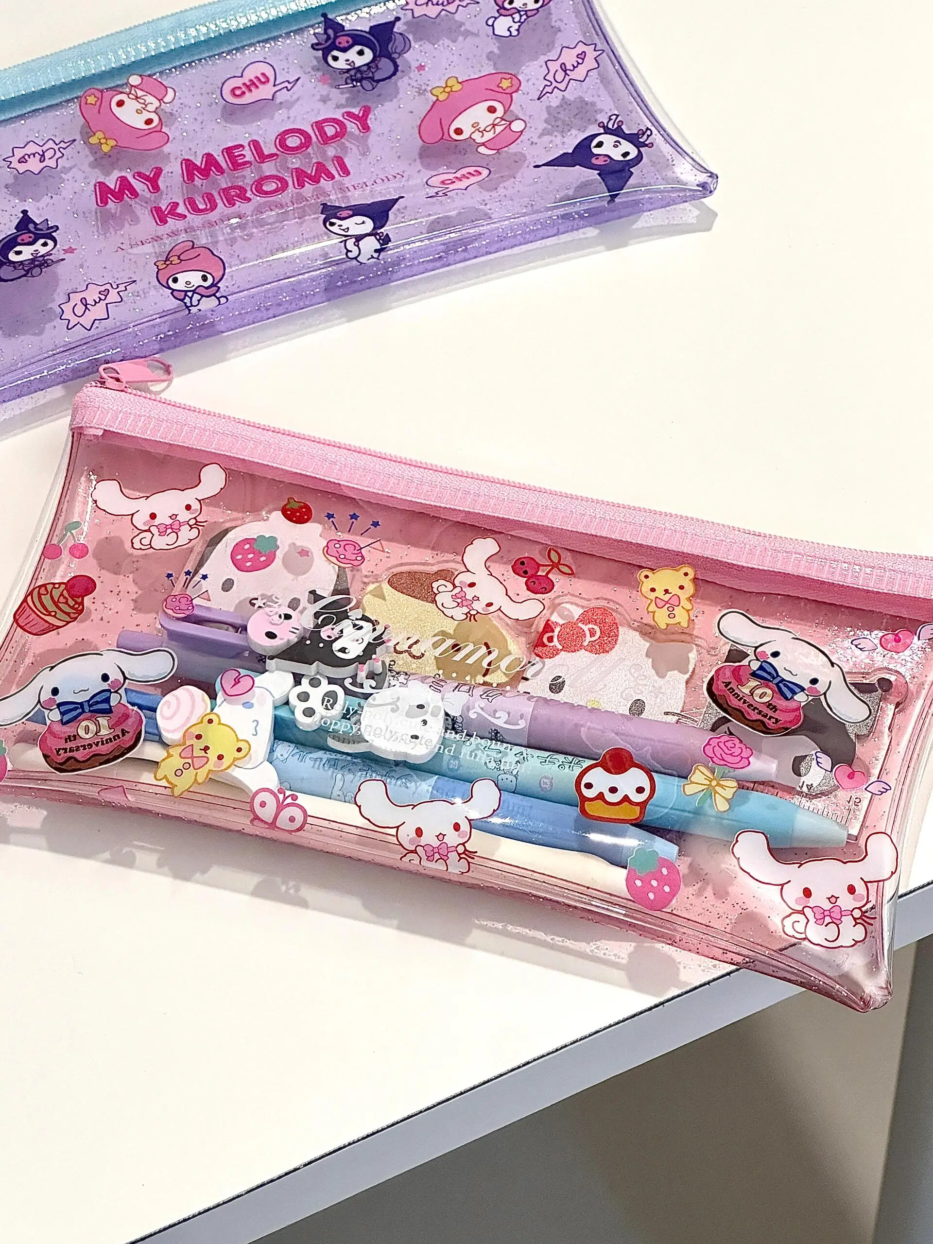 Kawaii kuromi má melodie cinnamoroll glittery pvc bh tužka pouzdro anime sanrio děvče srdce roztomilá multifunkční papírnictví úložný brašna