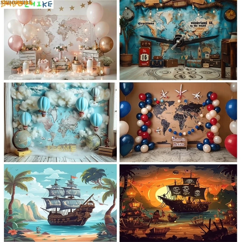 

Balloon Blue Marine Wall Sailboat Photography Backdrops Birthday Party Decor Global Fishing Net Photo Studio Background TE-09