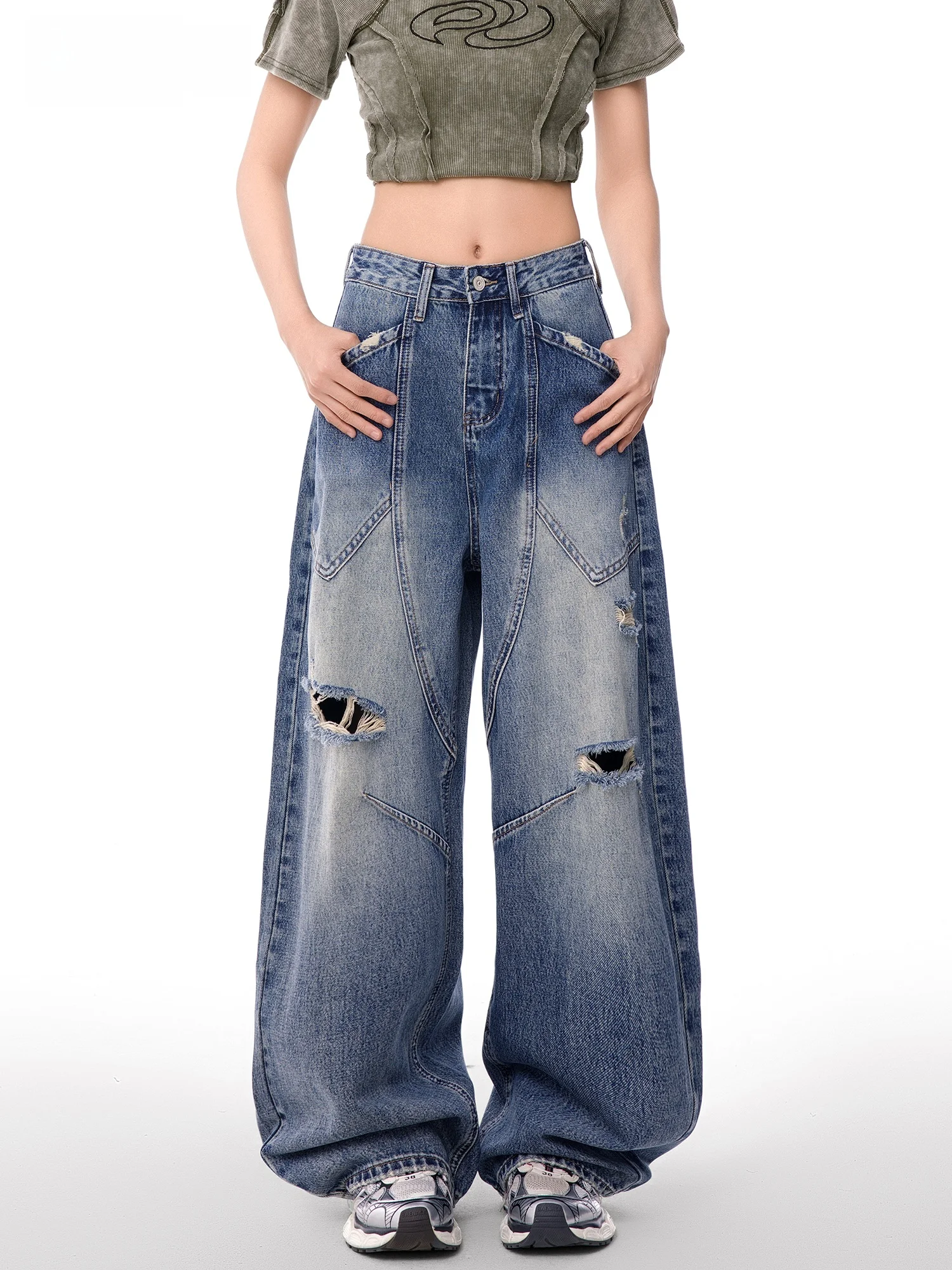 

Fashionable Wide Leg Jeans Women's Spring Summer New Style Loose Fit Hole Knife Casual Design Denim Pants for Ladies