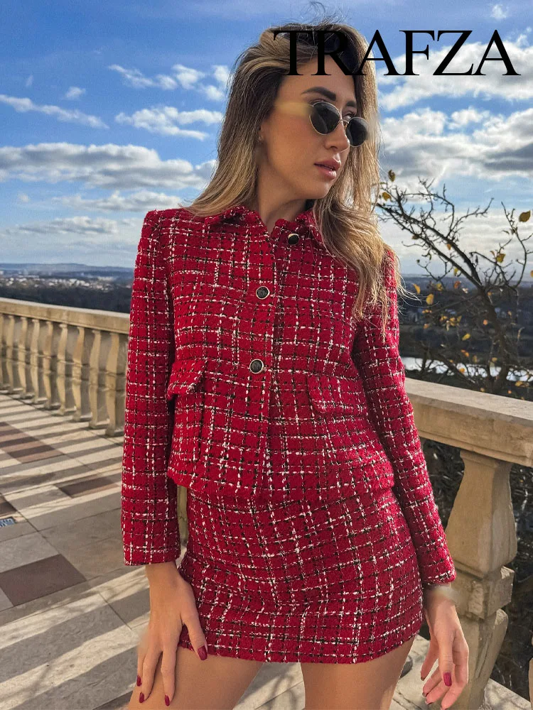 TRAFZA Women Red Texture Single Breasted Pocket Lapel Decorate Jacket Coat+Elegant High Waist Side Zipper Culottes 2-częściowy zestaw