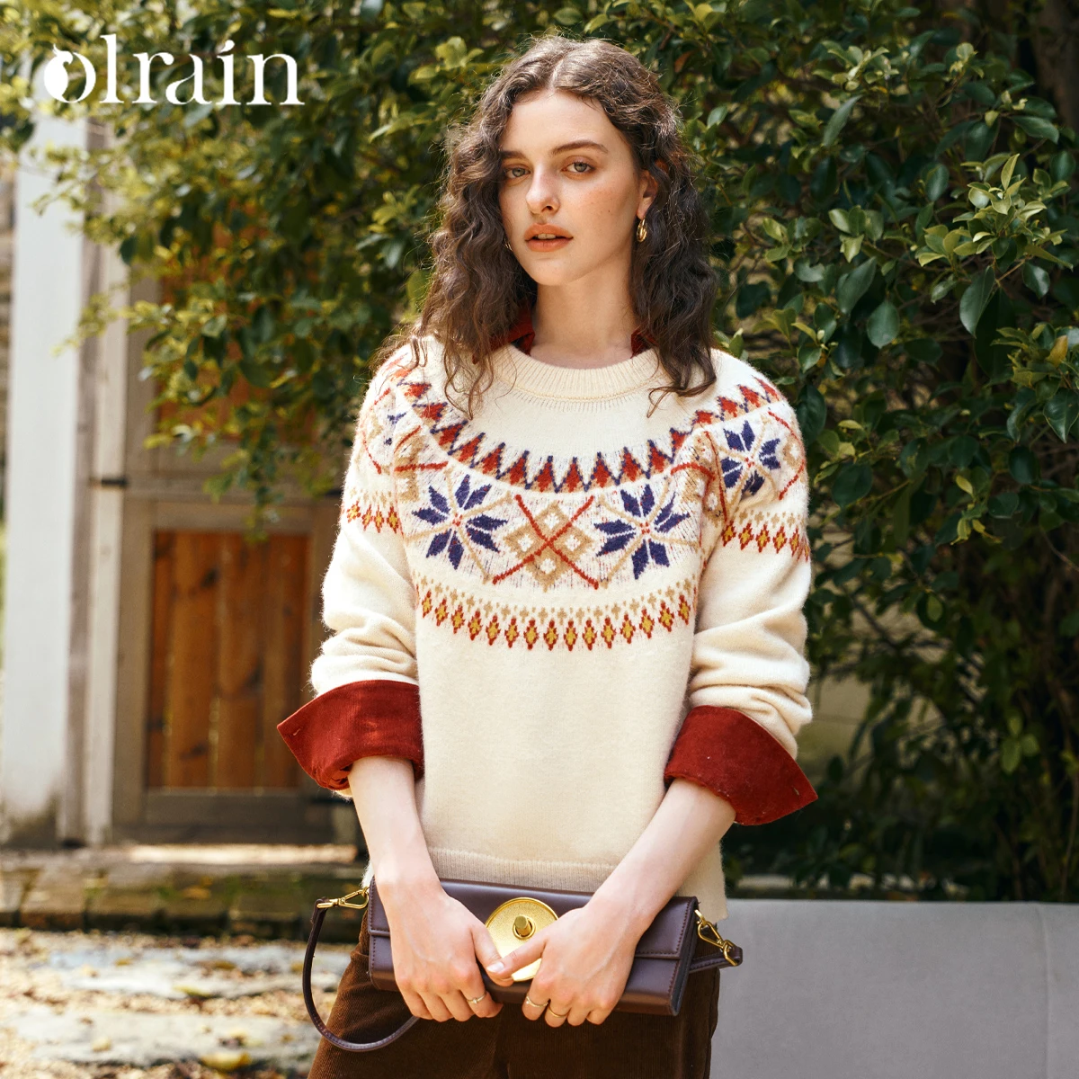 

OLrain Women's Casual Pullover Sweaters 2025 Autumn O-neck Jacquard Sweater Long Sleeve Loose Fit Female Knitwear O57QM001185