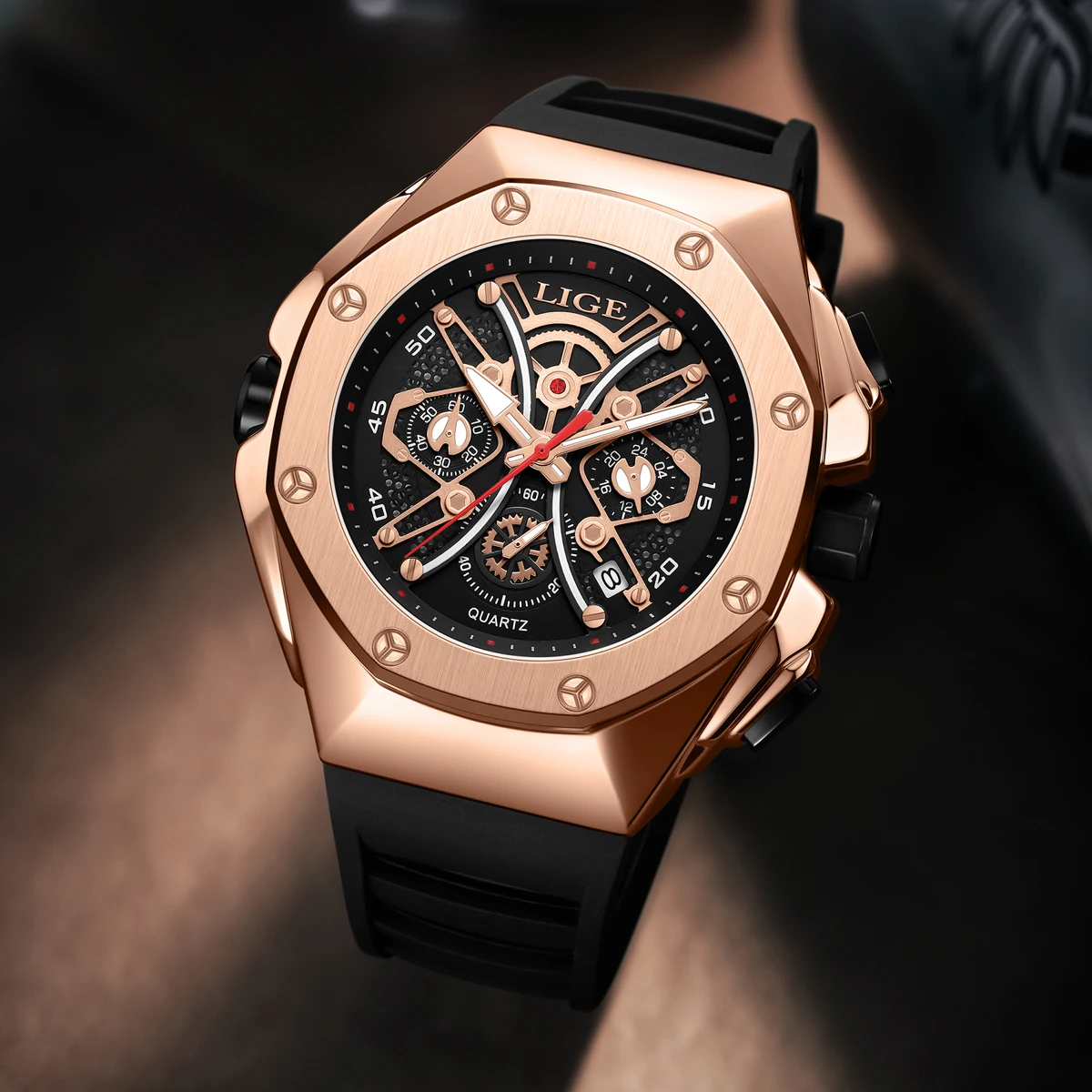 LIGE Skeleton Mens Watches Luxury Business Man Quartz Wristwatch Sports Silicone Strap Waterproof Chronograph Date Watch for Men