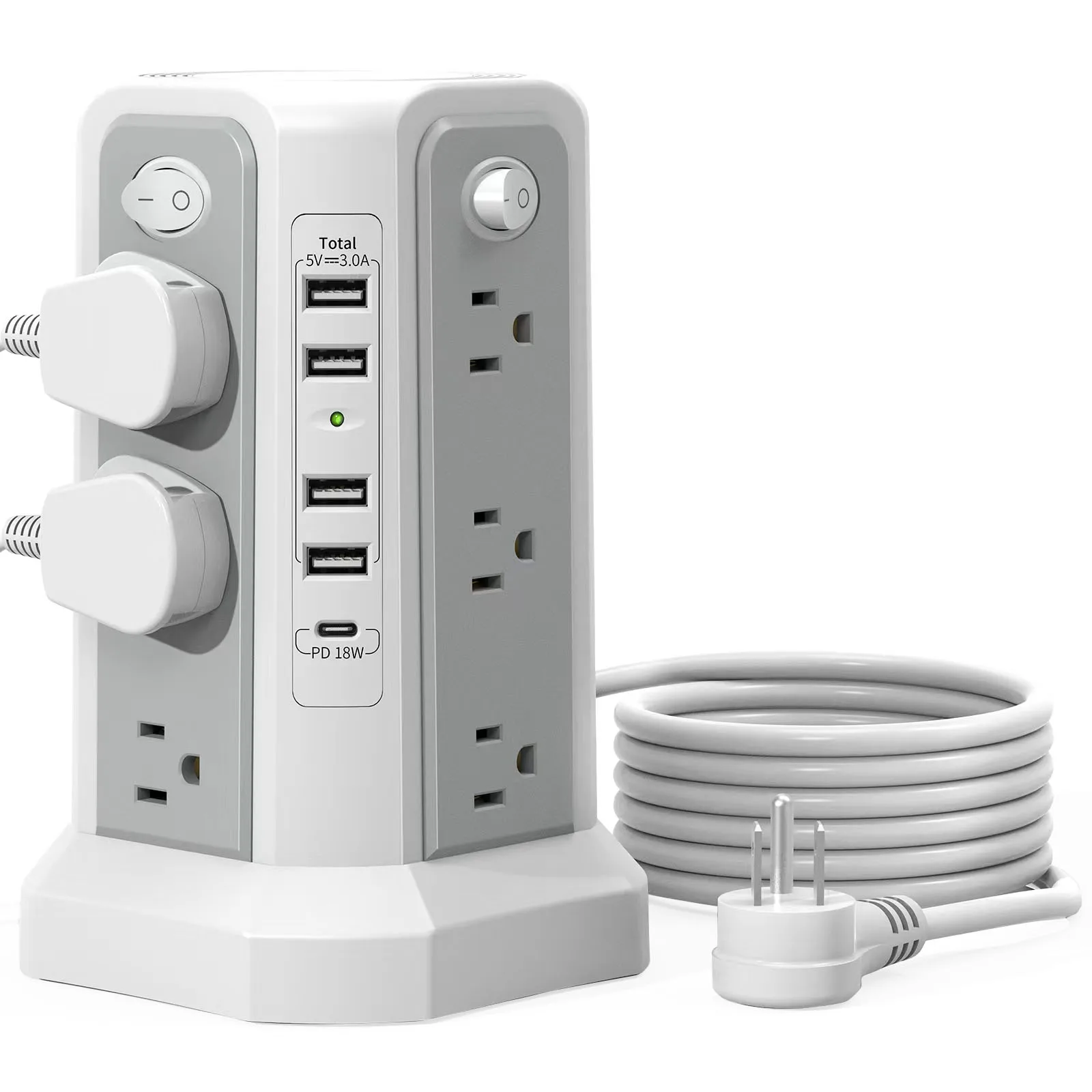 10FT Extension Cord with 12 AC Outlets 5 USB Charging Ports(1 USB C PD18W) PASSUS Surge Protector Power Strip Tower