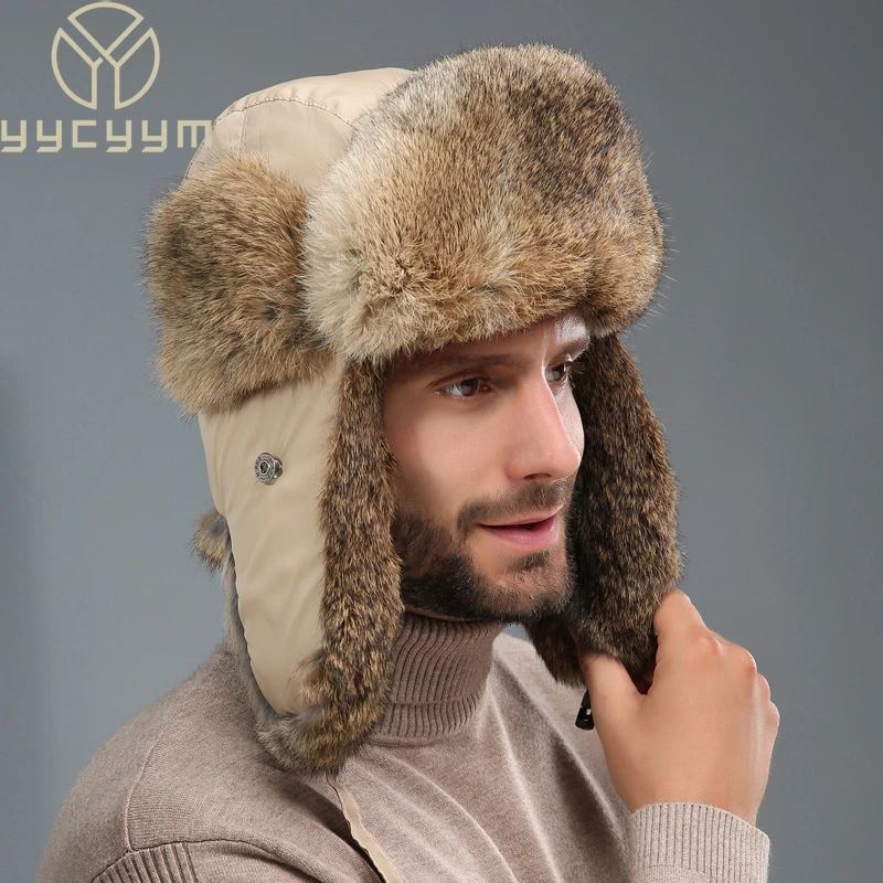 Russia Winter Real fur Hat Unisex Outdoor Windproof Super Warm Real Rabbit Fur Bomber Hats Natural Soft Natural Rabbit Fur Caps