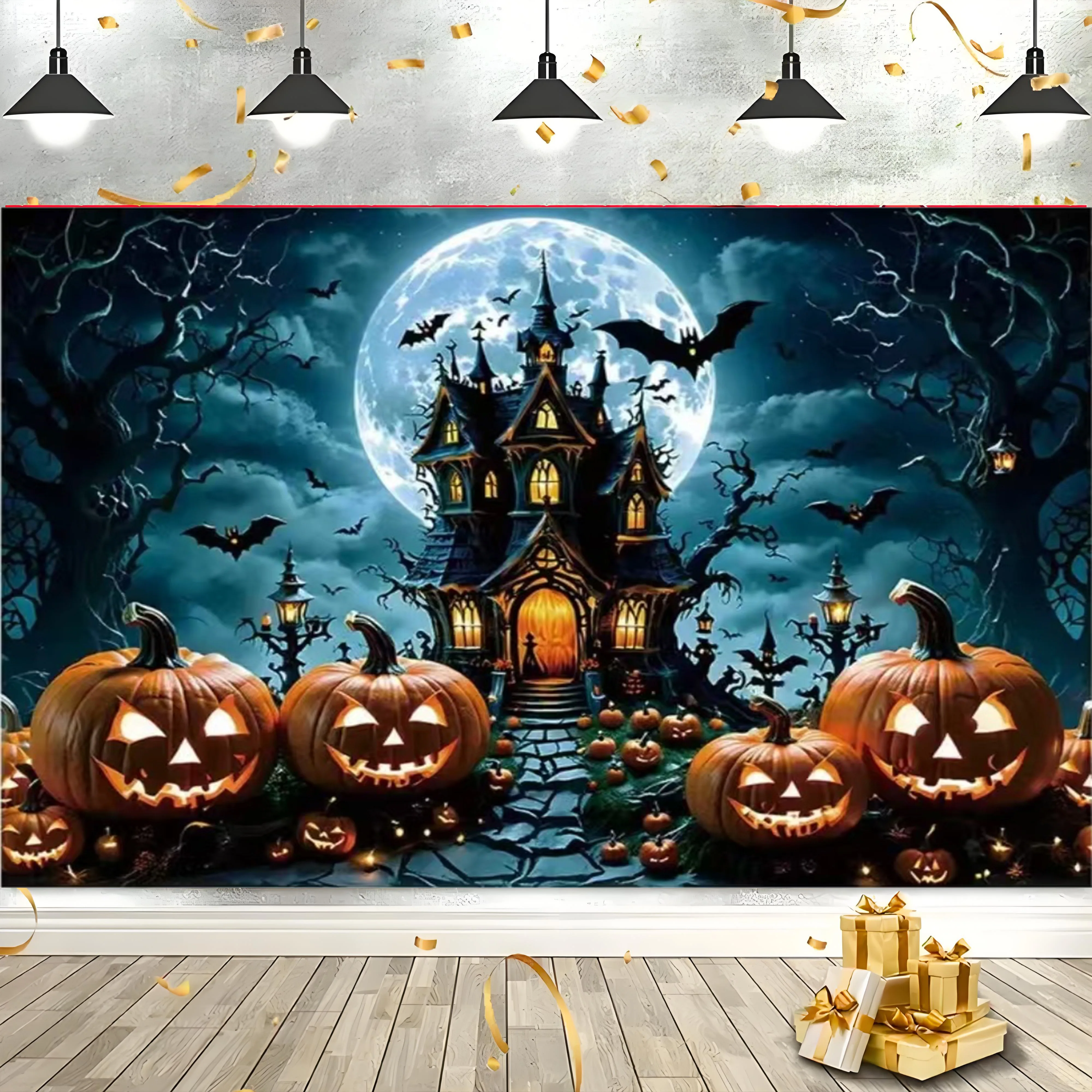 خلفية تصوير رعب للهالوين أزرق داكن ليلة القمر الكامل قلعة اليقطين فانوس 2025 حفلة الهالوين #3