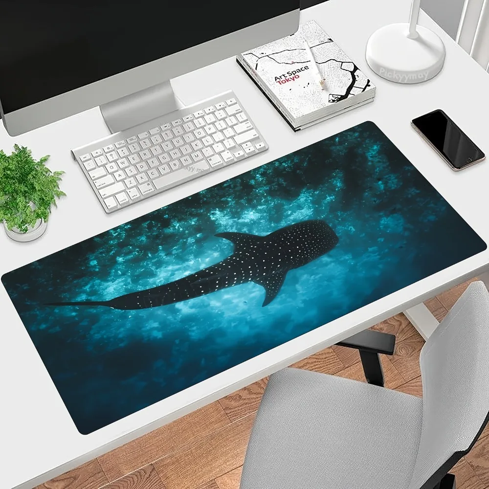 

Whale shark ocean-themed large mouse pad with anti-slip rubber base, washable, suitable for office and gamers. Sewn edge