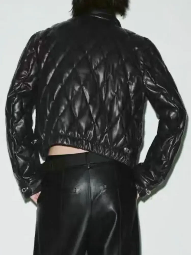 2025 Autumn Winter Women's Motor Warm Faux Leather Button Up Parkas Coats Female Street Quilted PU Padded Short Bomber Jackets
