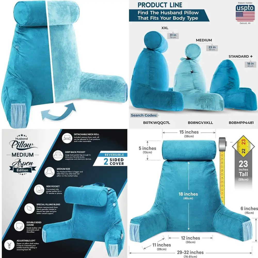 

Ultra-Comfortable Medium Pillow with Arms for Sit-Up Reading and Bed Rest, Detachable Neck Roll, Premium Support, Rodeo Blue