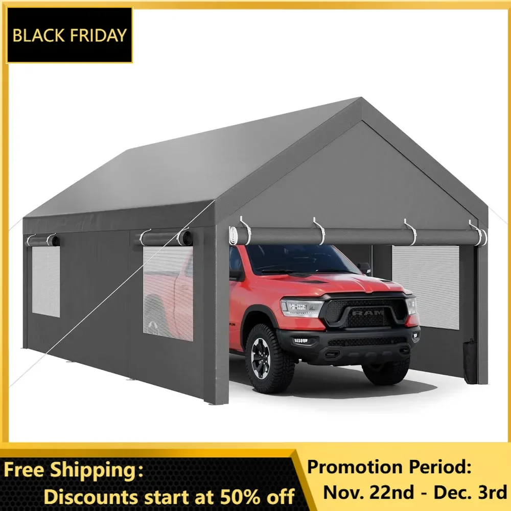 Carport, 12x20 FT Heavy Duty Carport Reinforced Steel Poles with Removable Sidewalls & Doors, Roll-up Windows Car Canopy