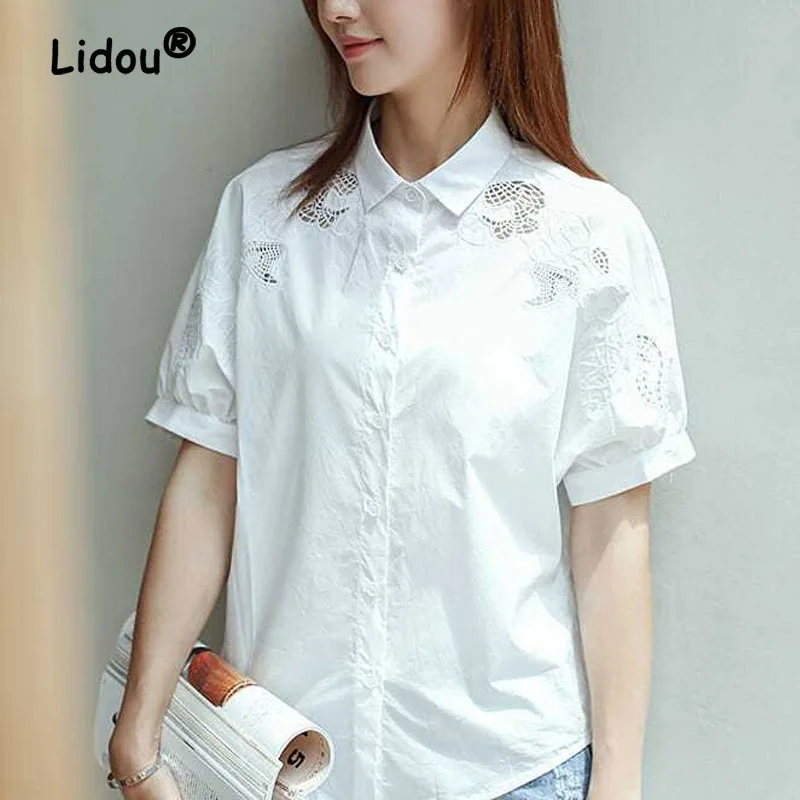 White Embroidered Hollow Out Blouse Women New Short Sleeve Polo Collar Office Single-breasted Lady All-match Chiffon Shirt