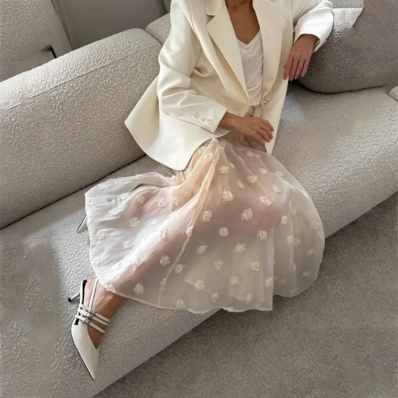 

White Floral Skirt Women New Perspective High Waist Long Skirt Summer Elegant Office Lady Casual A-Line Long Skirt 2025