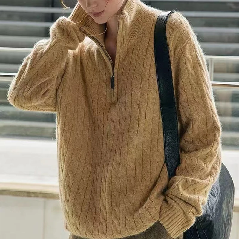 

Fashion Half Zipper Pure Wool Sweaters for Women Autumn/Winter New French lazy style Loose Long Sleeved Lapel Knitted Pullover
