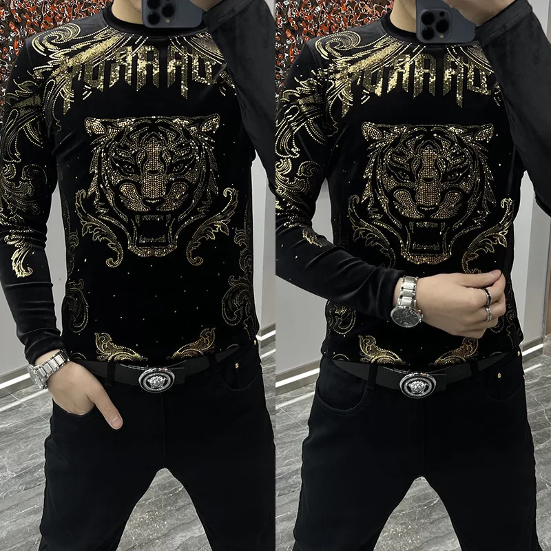 Casual O-Neck Tee Shirt Homme Diamond Print Men Long Sleeved T-shirt Luxury Streetwear Fashion Men Flower Tshirt Comfortable