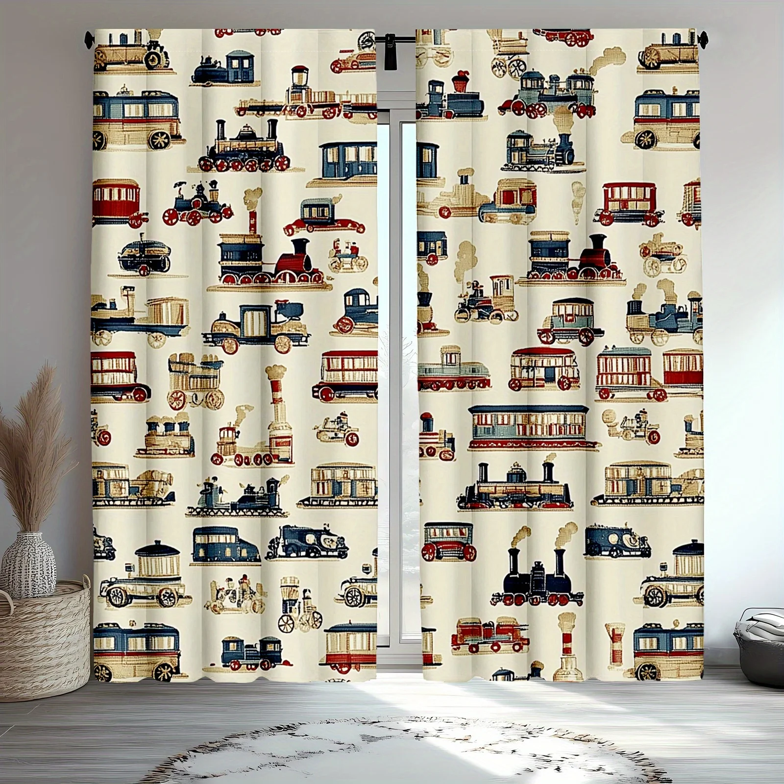 Vintage Train Curtains Panel Home Decor Retro Locomotive Railway Print Kids Room Nursery Window Curtain Window Treatment
