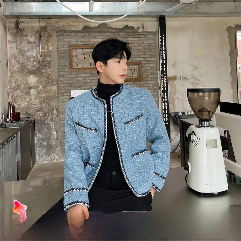 

Autumn Winter Casual Sle Knitted Lace Decoration Lapell Jaet Men's Faionable Quilted Polyester Thiened Coat