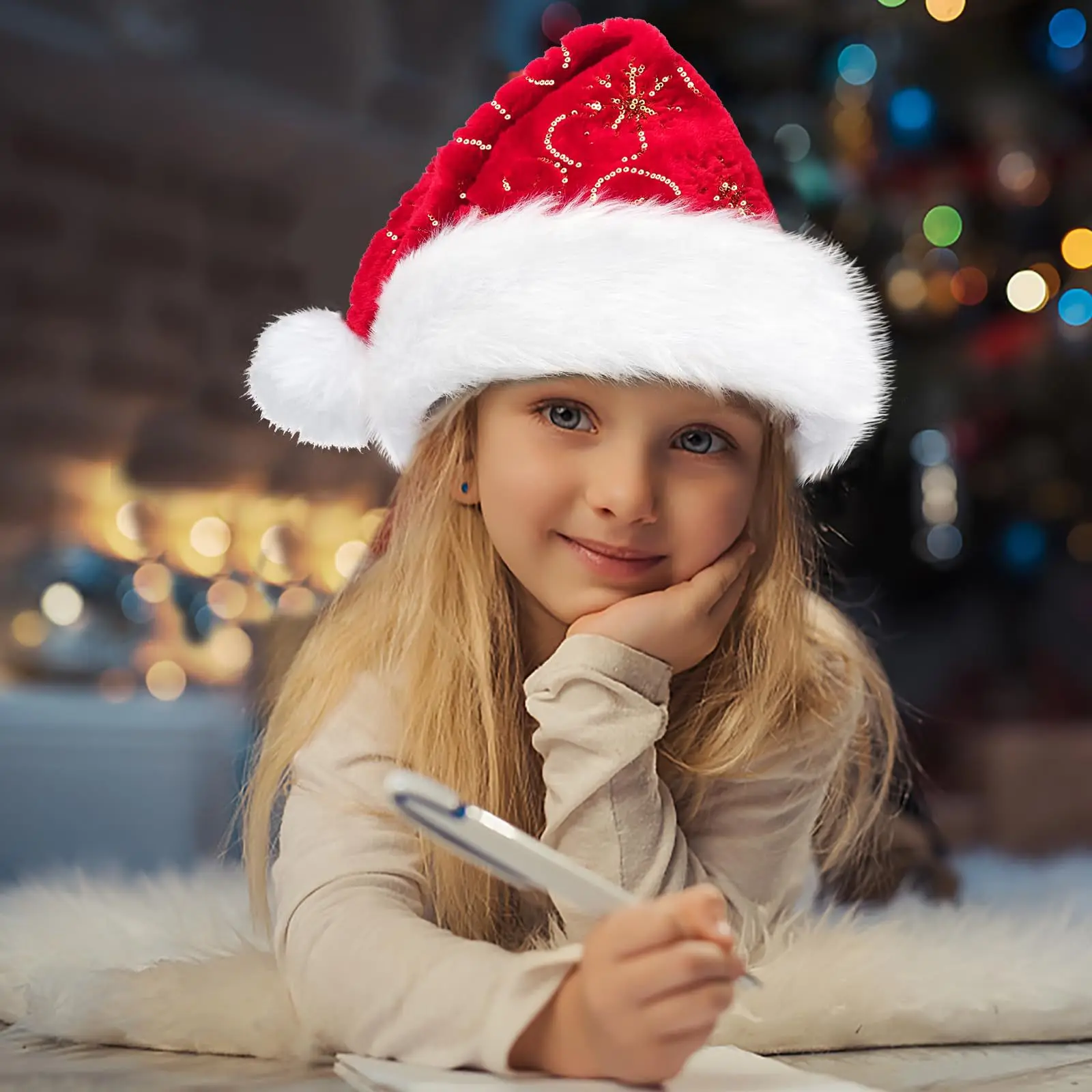 

Зимняя плюшевая рождественская шапка с золотыми блестками, праздничный наряд, вышитая шапка, рождественские украшения