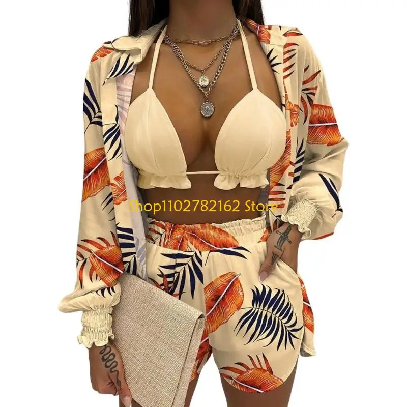 547B Women's Floral Print Swimsuit 3 Piece Hawaiian Outfit Set Top Mini Shorts