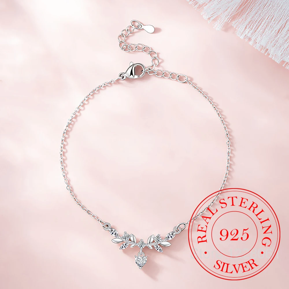 

925 Sterling Silver Zircon Crystal Plant Laurel Flower Charm Bracelet for Women Homme Luxury Silver Jewelry Wedding Party Gift