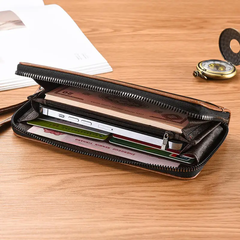 Herren-Geldbörse mit langem Reißverschluss, Geldbörse mit mehreren Fächern, schlichte Lederkombination, große Handtasche mit viel Stauraum. – Detail 10