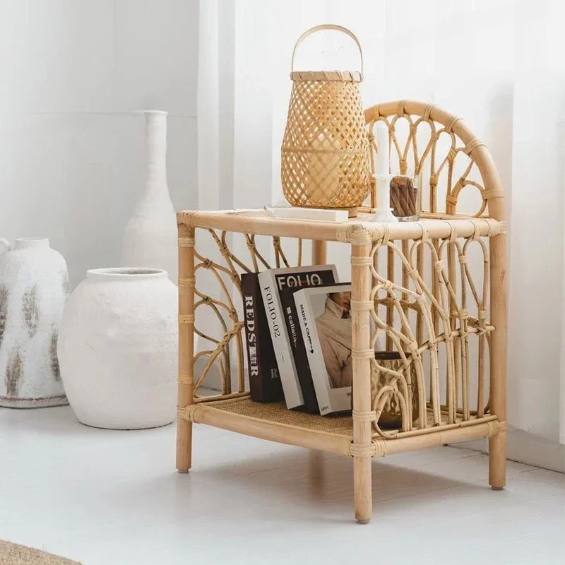 Simple Rattan Woven Coffee Table Bedroom Sofa Side Table Natural Indonesian Rattan Bedside Table Flexible Mobile Room Desks