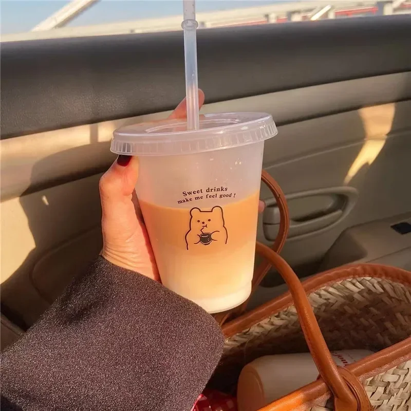 470/700ml Cute Korean Style PP Material Portable Water Bottle Coffee Juice Milk Tea Cup Plastic Cool Cup with Lid Straw Reusable