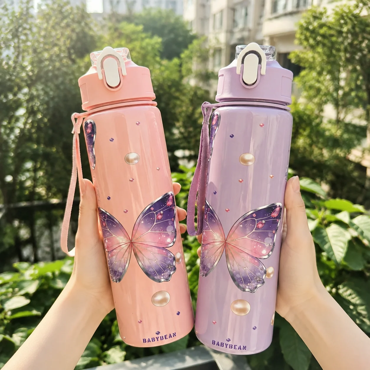 Cute Butterfly Print Water Bottle 750ML Portable Flip Straw Sports Water Cup With Lanyard For Girls Outdoor Travel