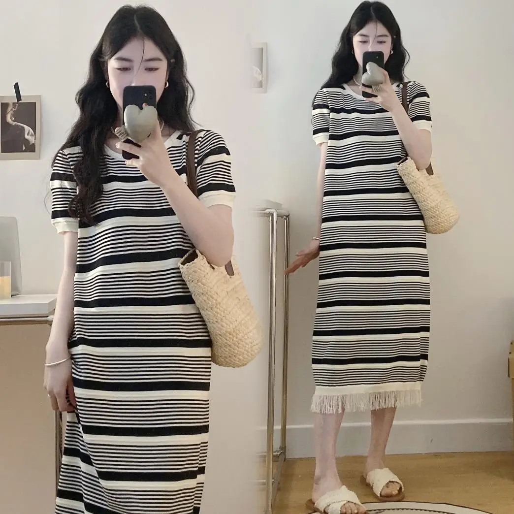 

Summer Maternity Nursing Dresses After Pregnancy Breastfeeding Clothes Short Sleeve O-Neck Tassel Hem Pregnant Woman Knit Dress