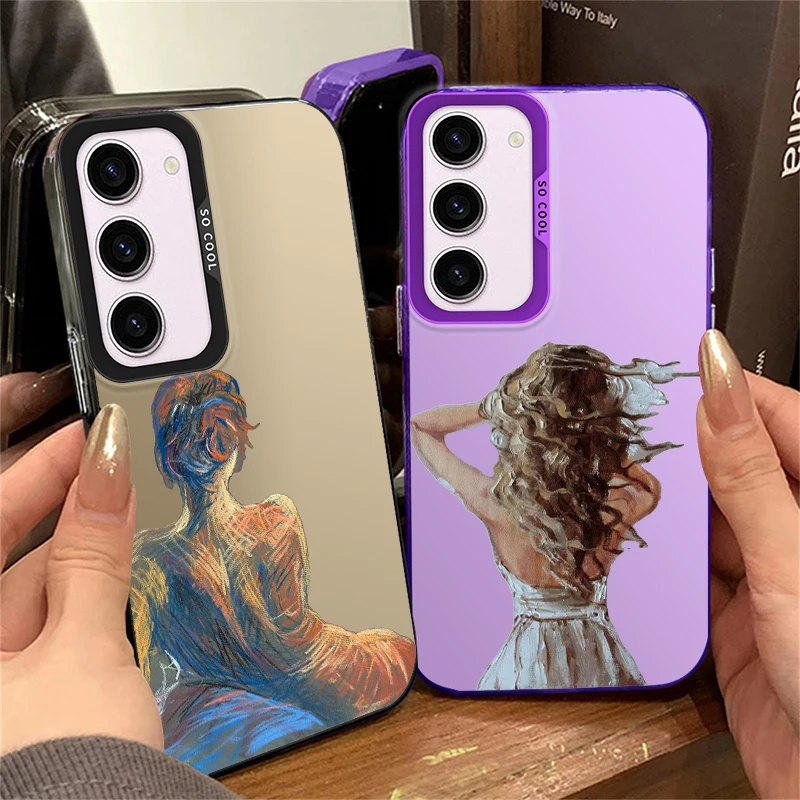 Oil Painting Golden Hair Beauty For Samsung Galaxy S24 S23 S22 S21 S20 FE Ultra Plus Lite 5G Fashion Colorful Silver Phone Case