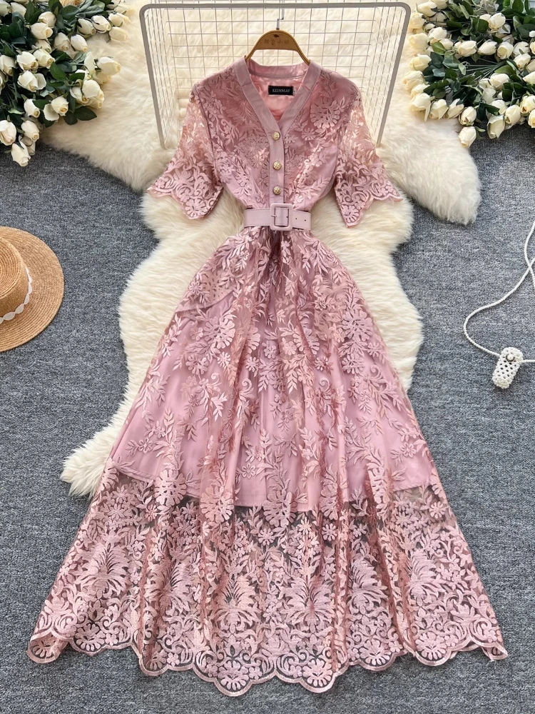 

Women Chic Elegant Lace Mesh Slim Spliced V-neck Bodycon Dress Sexy Evening Fashion Slim Hip Wrap Clothing for Formal Occasion