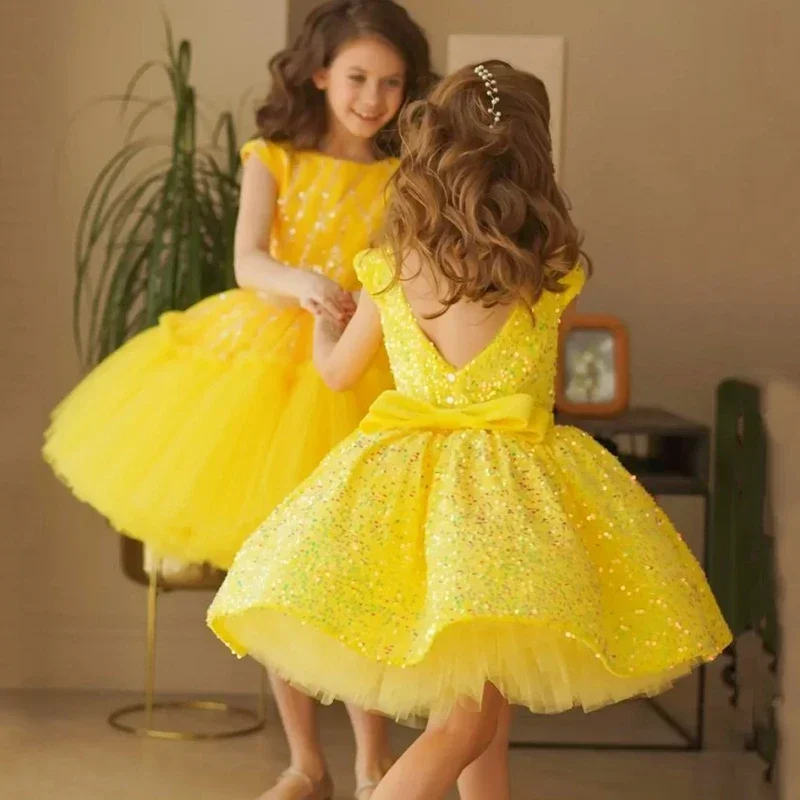 

Yellow Short Child Flower Girl Dress Sequin Kids for Wedding Party First Communion Gown Cap Sleeve Ceremonial Dress Ball Gown