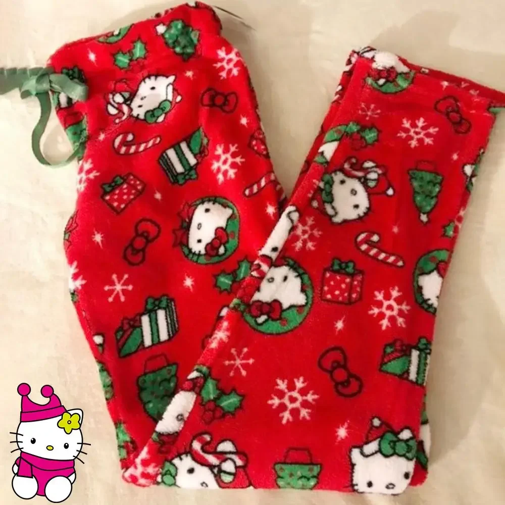 Anime Christmas Women Plush Pajama Pants Y2K Hello Kitty Sanrioed Kawaii Kuromi Winter Thicken Warm Leisure Home Pants Cute Gift