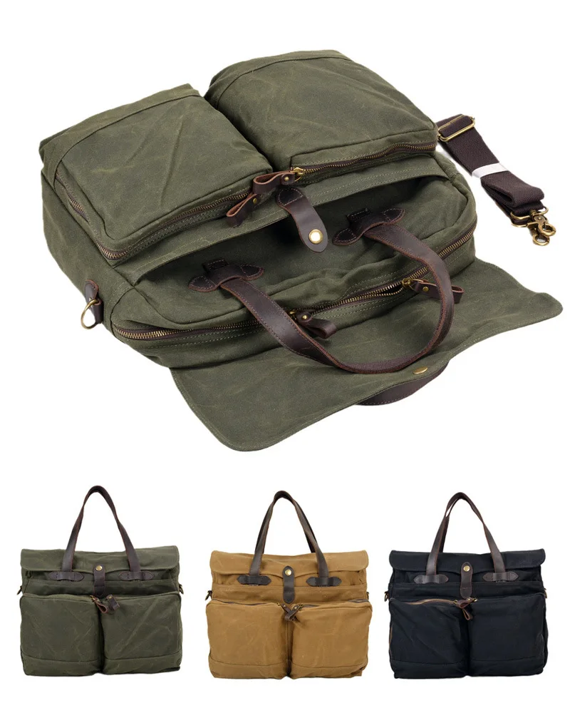 American Vintage Men's Business Briefcase S ize 40*30*10cm Heavy Duty Oil Waxed Canvas Tote 15" Computer Bag