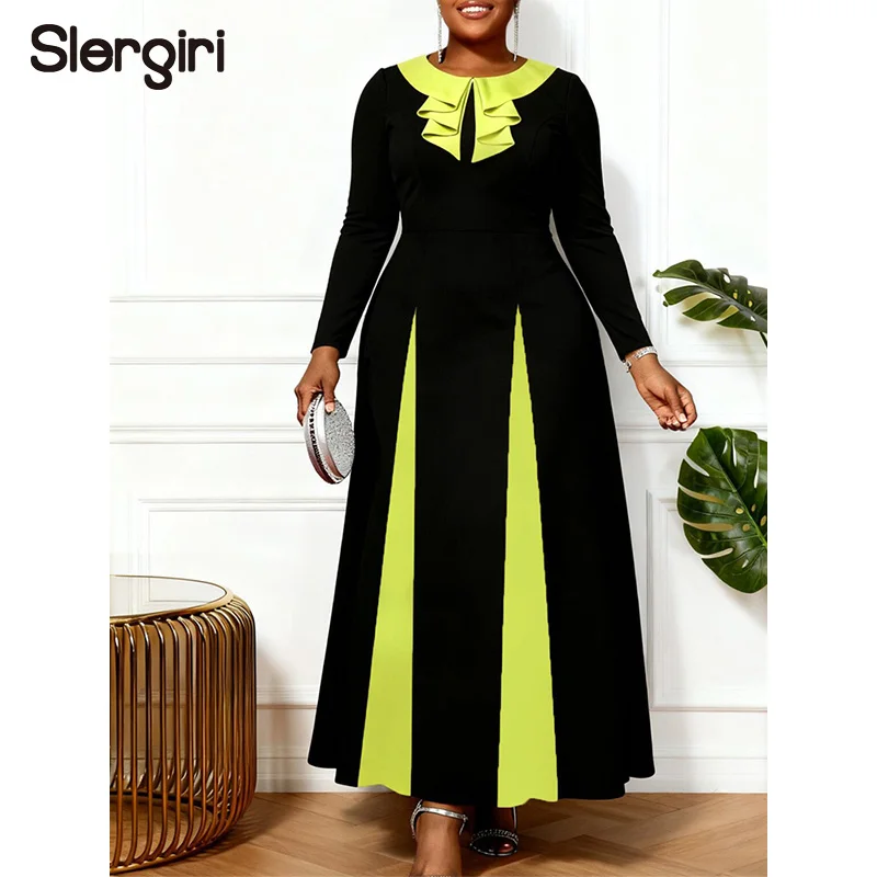 

Платье макси Slergiri больших размеров с контрастными вставками и оборками, женское, весна-осень, с длинным рукавом, элегантное, для вечеринок, расклешенное, А-силуэт