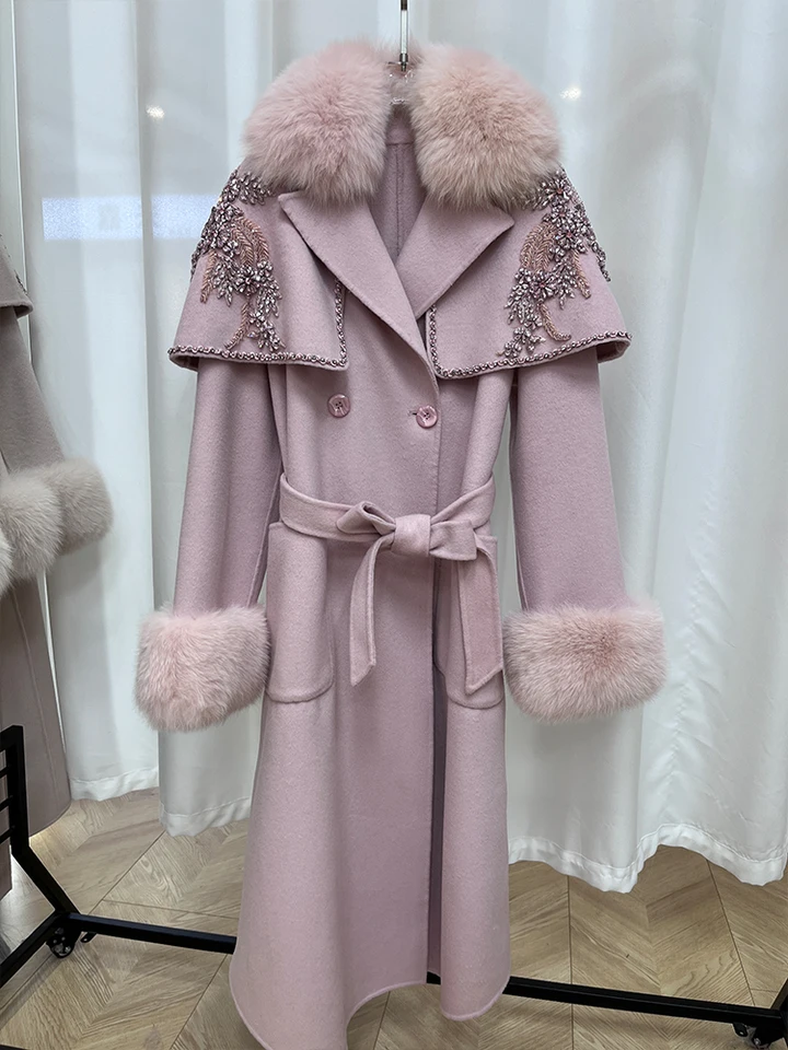 ミランダさん専用 グレースコンチネンタル♡FOXファー付きカフスコート ピンク 2024 New Fashion Women Ladies Natural Real Fox Fur Collar Cuff