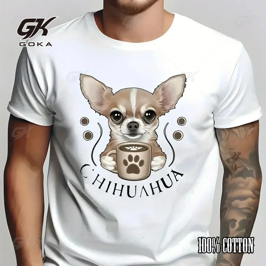 Camiseta con gráfico de Chihuahua lindo con taza de café, ropa azul marino para amantes de los perros Y2k, camisetas informales para amantes del café de Chihuahua