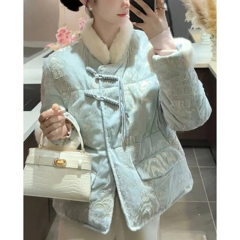 جديد الثقيلة التطريز سترة قطن المرأة الشتاء أزياء ملابس خارجية الوقوف طوق كم طويل فضفاضة تناسب معطف نمط بولو #3