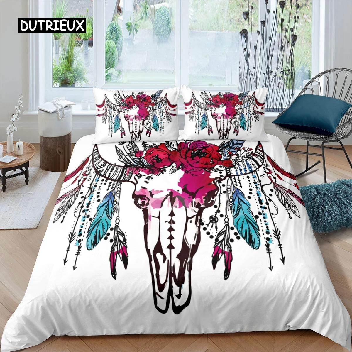 

Bull Skull Duvet Cover Boho Dream Catcher Feather Bedding Set Twin Arrow Floral Comforter Cover for Girls Women