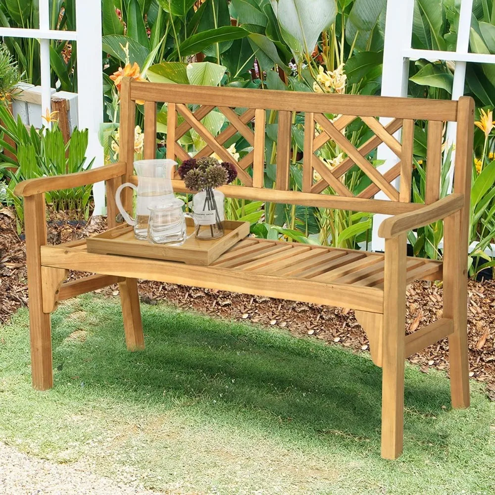 Dobrável Acacia Wood Garden Bench, Banco de madeira do pátio, Loveseat exterior com encosto curvo, Mobília da varanda, 4 ft