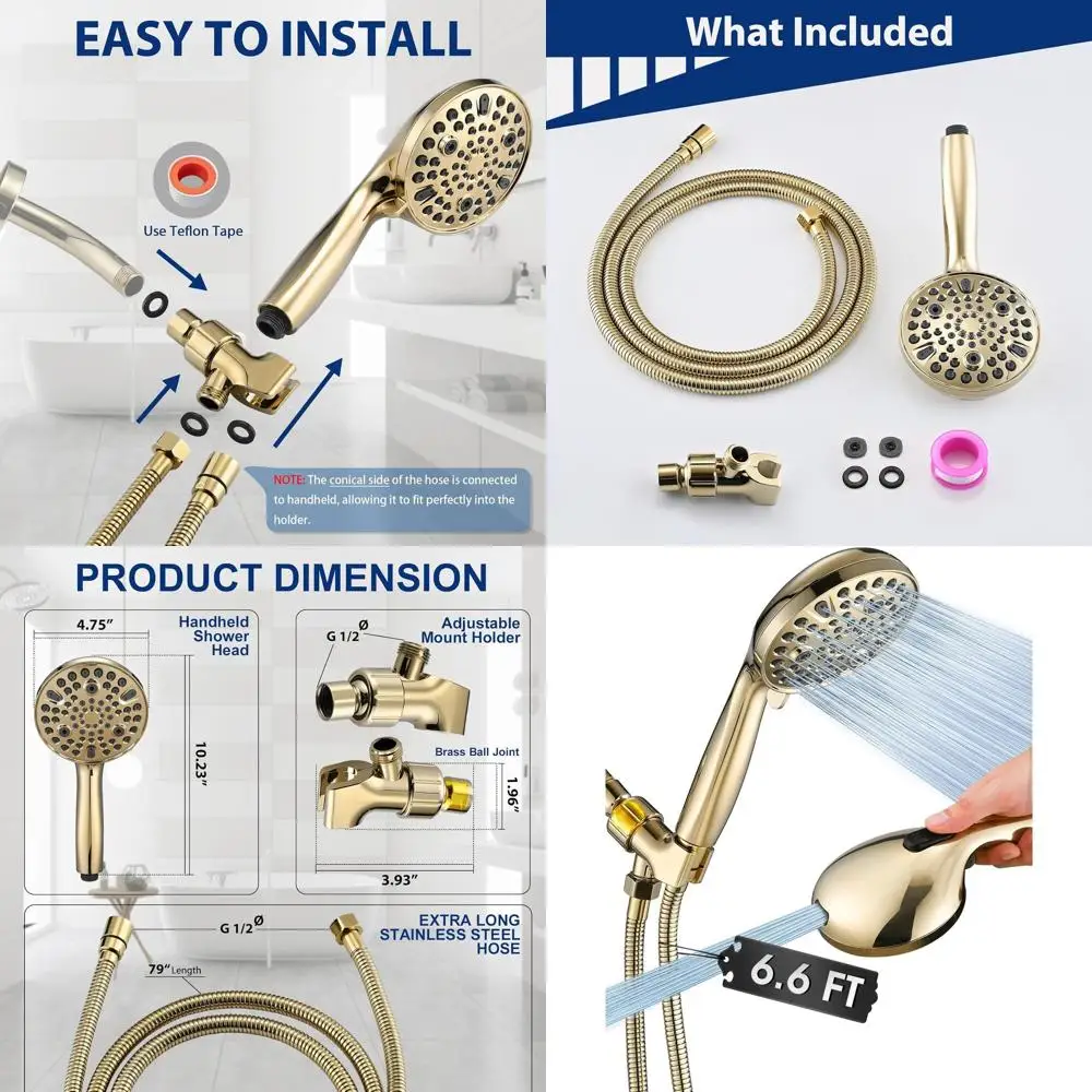 

Gold 10-Setting Handheld Shower with 5 Detachable Spray, Power Wash, 79 Hose